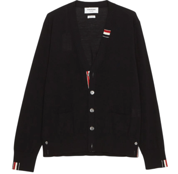 Thom Browne Fine Merino Jersey Stripe Relaxed V-Neck Cardigan Navy