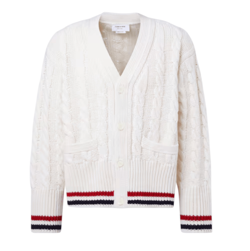 Merino Baby Cable Stitch RWB Stripe Cardigan - white