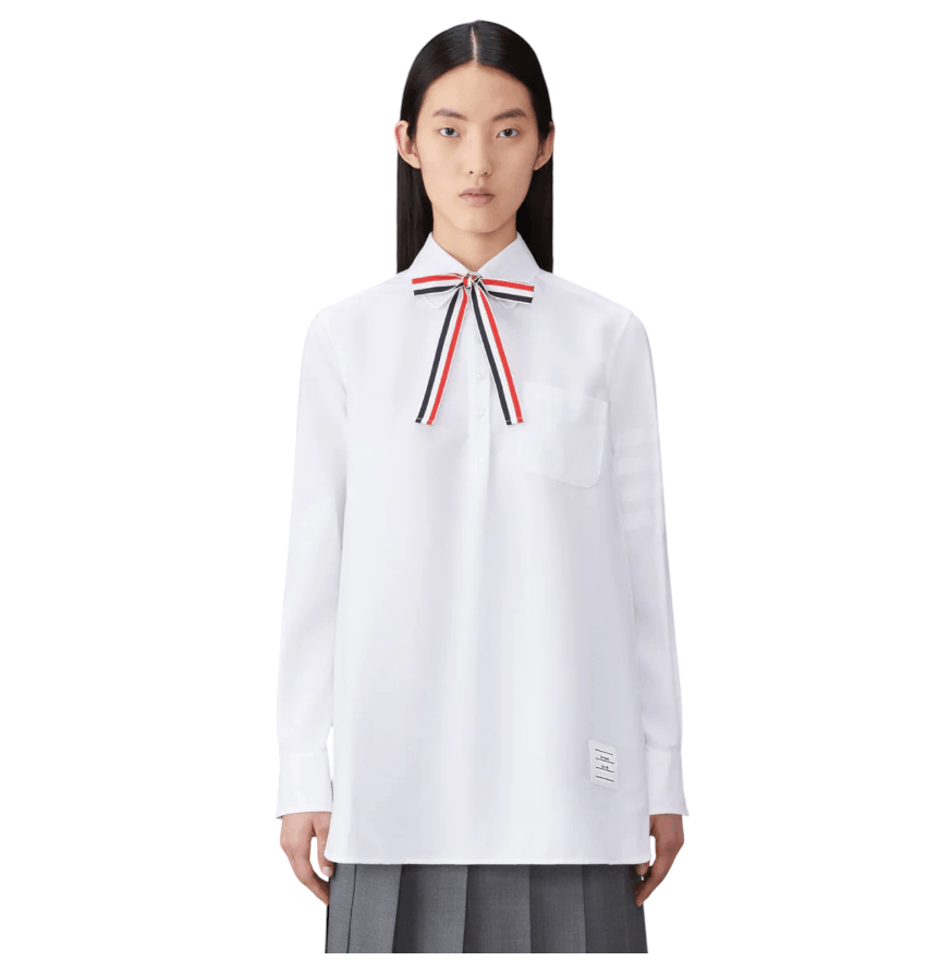 Cotton Oxford 4-Bar Bow-Tie Blouse 