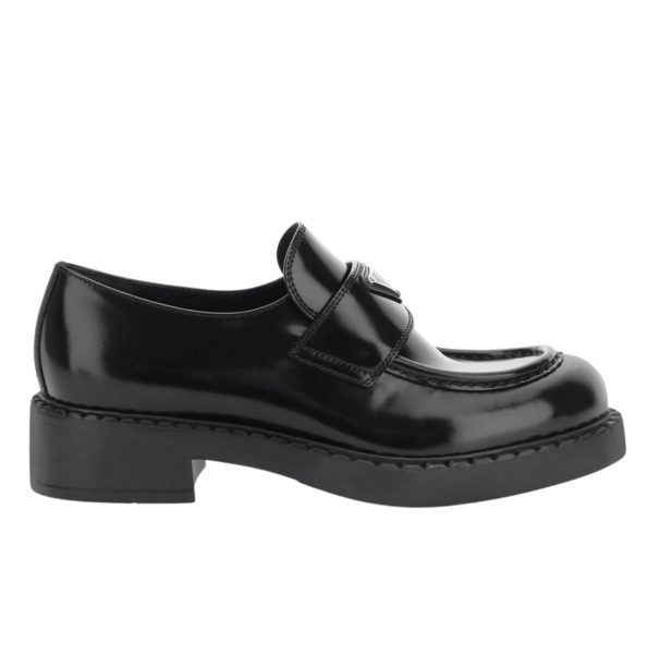 (W) Prada Chocolate Brushed Leather Loafers Black