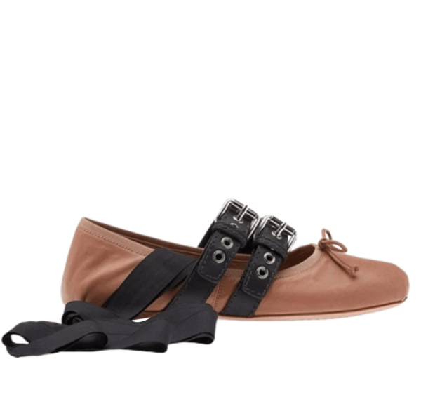 (W) Miu Miu Nappa Leather Ballerinas with Belts Nude Nero