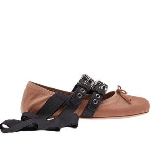 (W) Miu Miu Nappa Leather Ballerinas with Belts Nude Nero