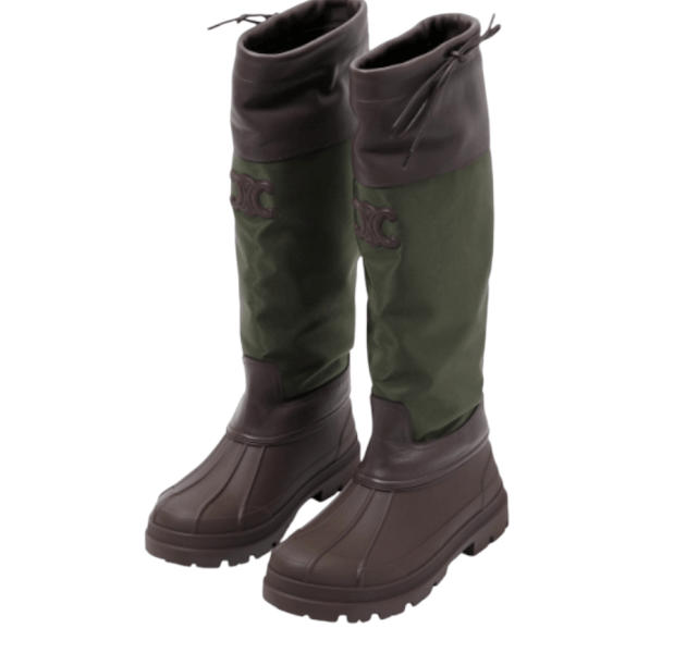 (W) Celine Riley High Boot In Nylon and Calfskin Darkbrown Khaki