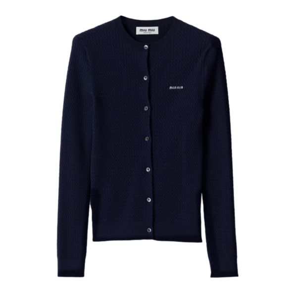 (W) Miu Miu Cable Knit Cashmere Silk Cardigan Blue