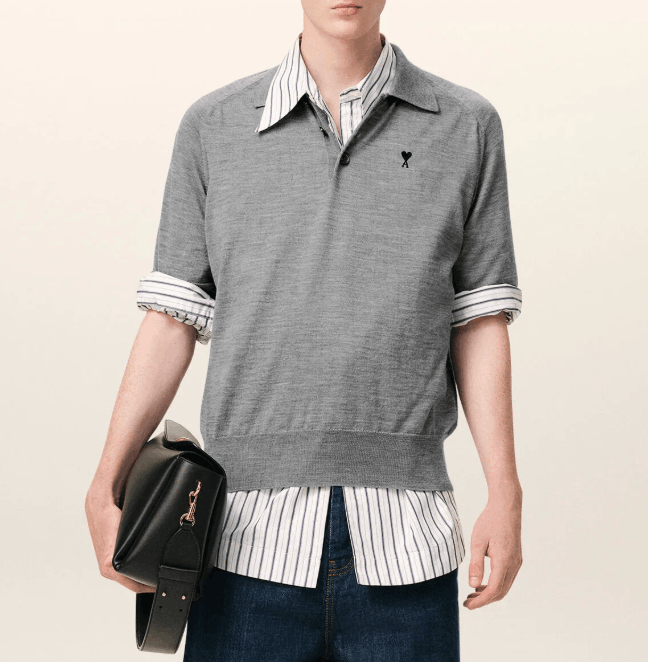 Ami Paris Grey Wool Short Sleeves Ami De Coeur Polo