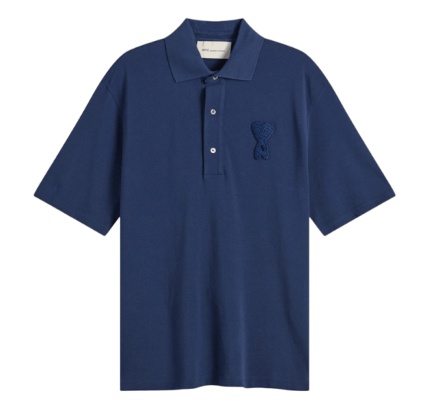 INK Blue Cotton Ami De Coeur Knitted Patch Polo 