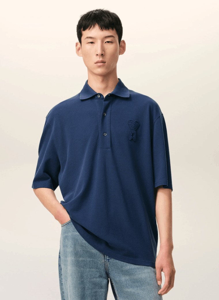 INK Blue Cotton Ami De Coeur Knitted Patch Polo 