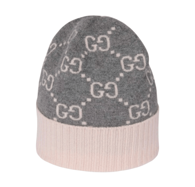 (W) Gucci GG Cashmere Jacquard Hat Grey Pink