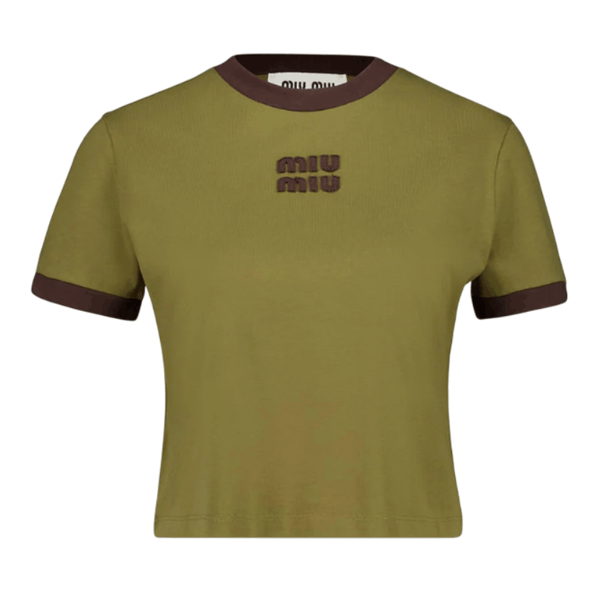 Miu Miu Military Green Cotton Pullover with Cocoa Contrast