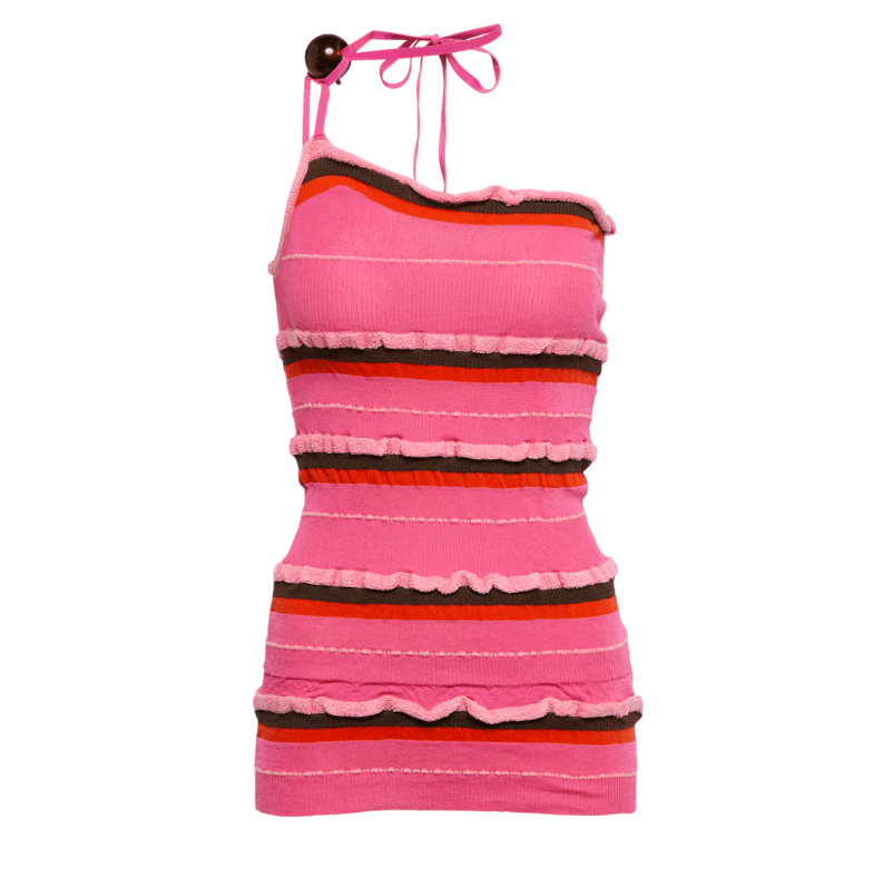 (W) Jacquemus La Maille Concha Asymmetric Bead Knit Top Dark Pink