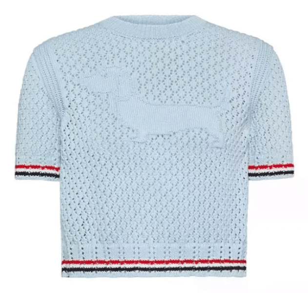(W) Thom Browne Cotton Pointelle Stitch Hector RWB T-Shirt Light Blue