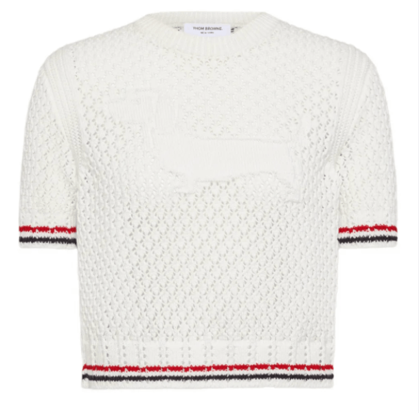 (W) Thom Browne Cotton Pointelle Stitch Hector RWB T-Shirt White