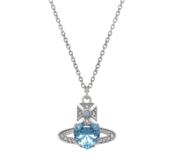 Vivienne Westwood Ariella Pendant Necklace Platinum Aquamarine CZ Light Sapphire Black