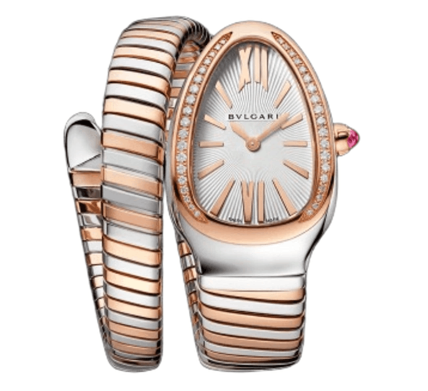 (W) Bulgari Serpenti Tubogas Quartz 35mm Watch Stainless Steel Rose Gold White Diamonds
