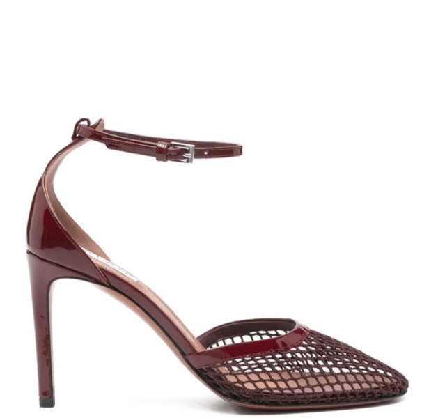 Burgundy fishnet heeled pumps