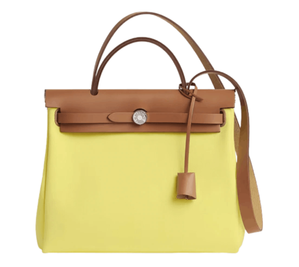 Hermes Herbag Zip 31 Bag Military Canvas Hunter Cowhide & Palladium Limoncello Nature