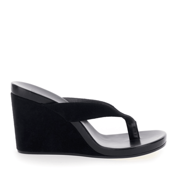 Suede wedge thong sandals in black 