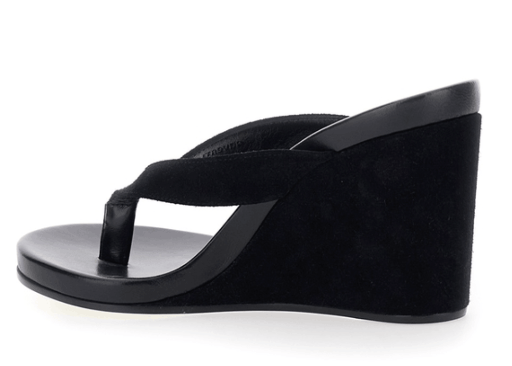 Suede wedge thong sandals in black 