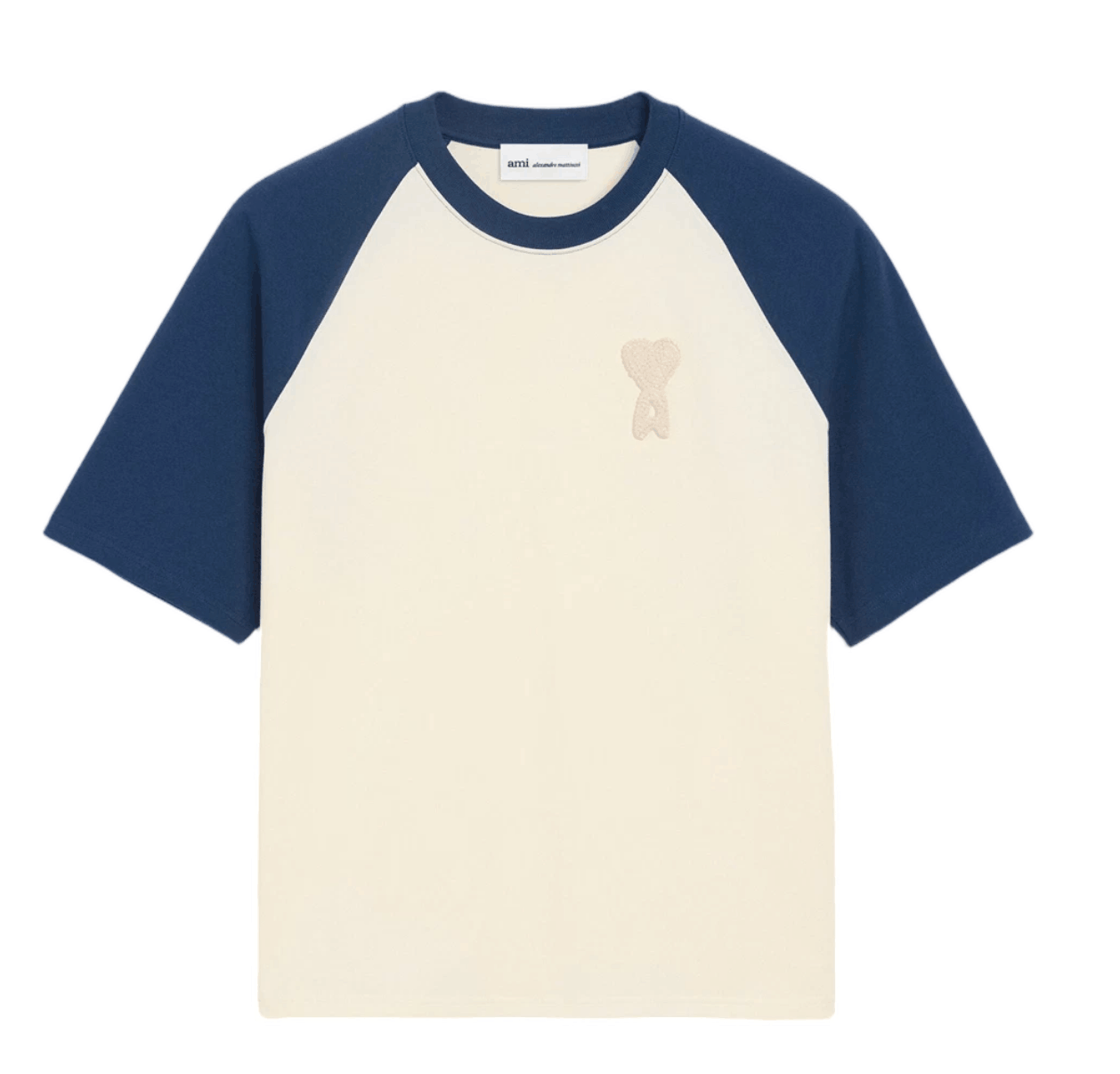 AMI White and Blue Cotton Ami De Coeur Knitted Patch T-Shirt White Cream Ink