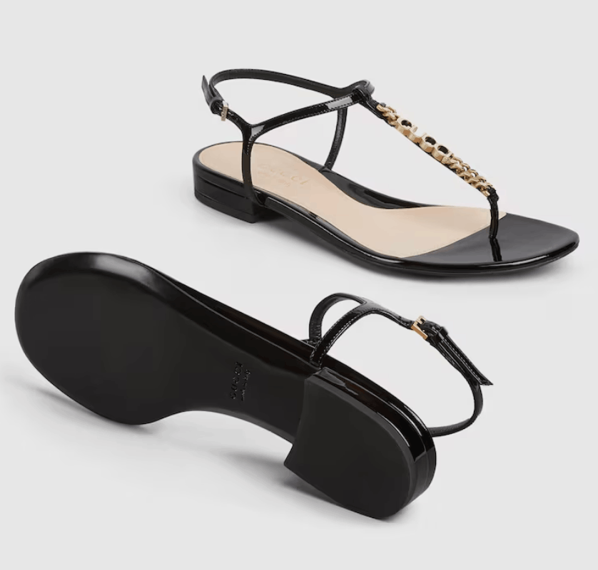 (W) Gucci Signoria Thong Sandal Black Patent Leather