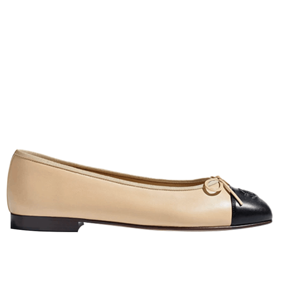 (W) Chanel Ballerina Flat Lambskin & Beige Black
