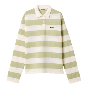 (W) Miu Miu Striped Jersey Polo Shirt Pale Rose Agave
