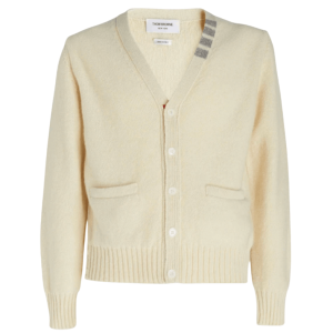 Thom Browne Reverse Jersey Stitch Donegal 4-Bar V-Neck Cardigan White