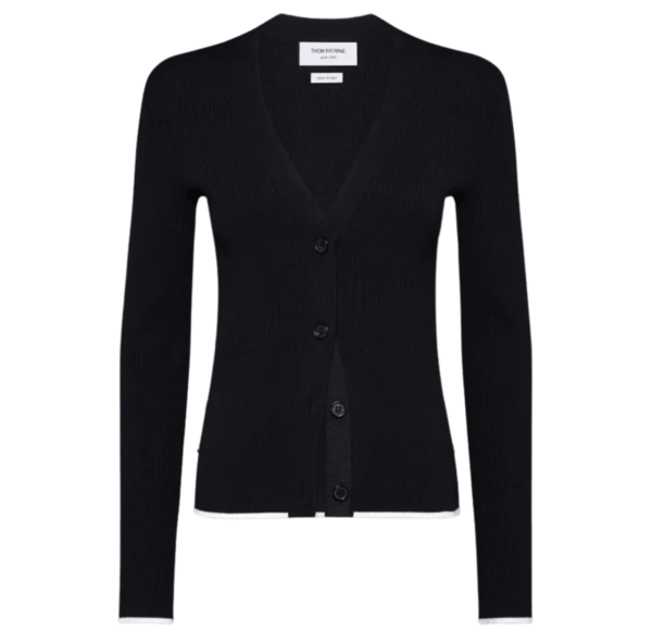 (W) Thom Browne Wool Silk Blend Tipping Rib Stitch Cable Cardigan Black