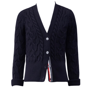 (W) Thom Browne Merino Crisscross Cable Roll 3/4 Sleeve V-Neck Cardigan Navy