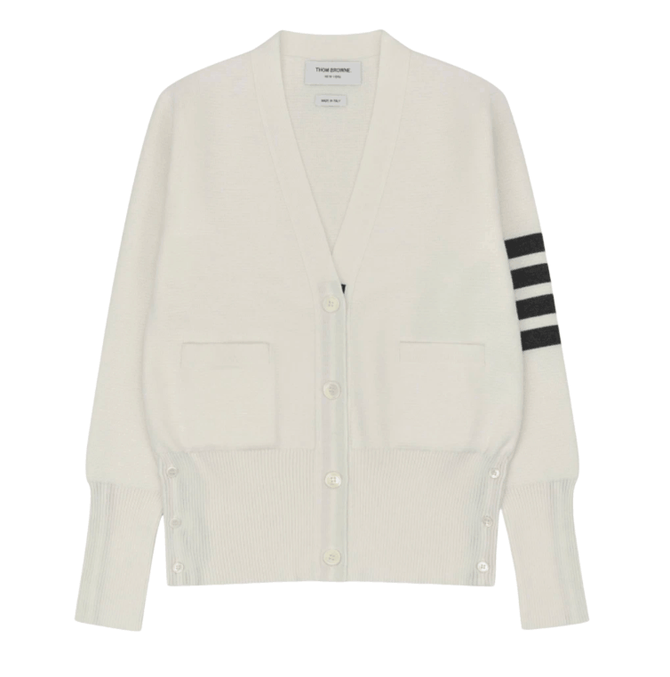(W) Thom Browne Fine Merino Wool Milano Stitch 4-Bar Classic V-Neck Cardigan White