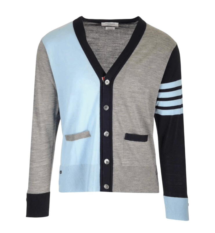 Thom Browne Fun-Mix Fine Merino 4-Bar Classic V-Neck Cardigan Light Blue