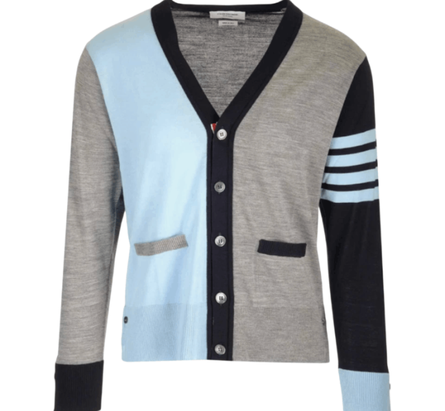 Thom Browne Fun-Mix Fine Merino 4-Bar Classic V-Neck Cardigan Light Blue