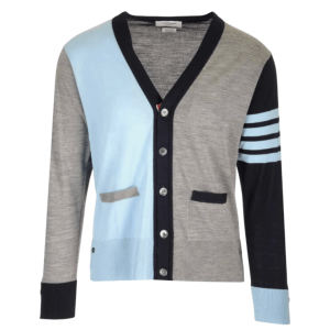 Thom Browne Fun-Mix Fine Merino 4-Bar Classic V-Neck Cardigan Light Blue