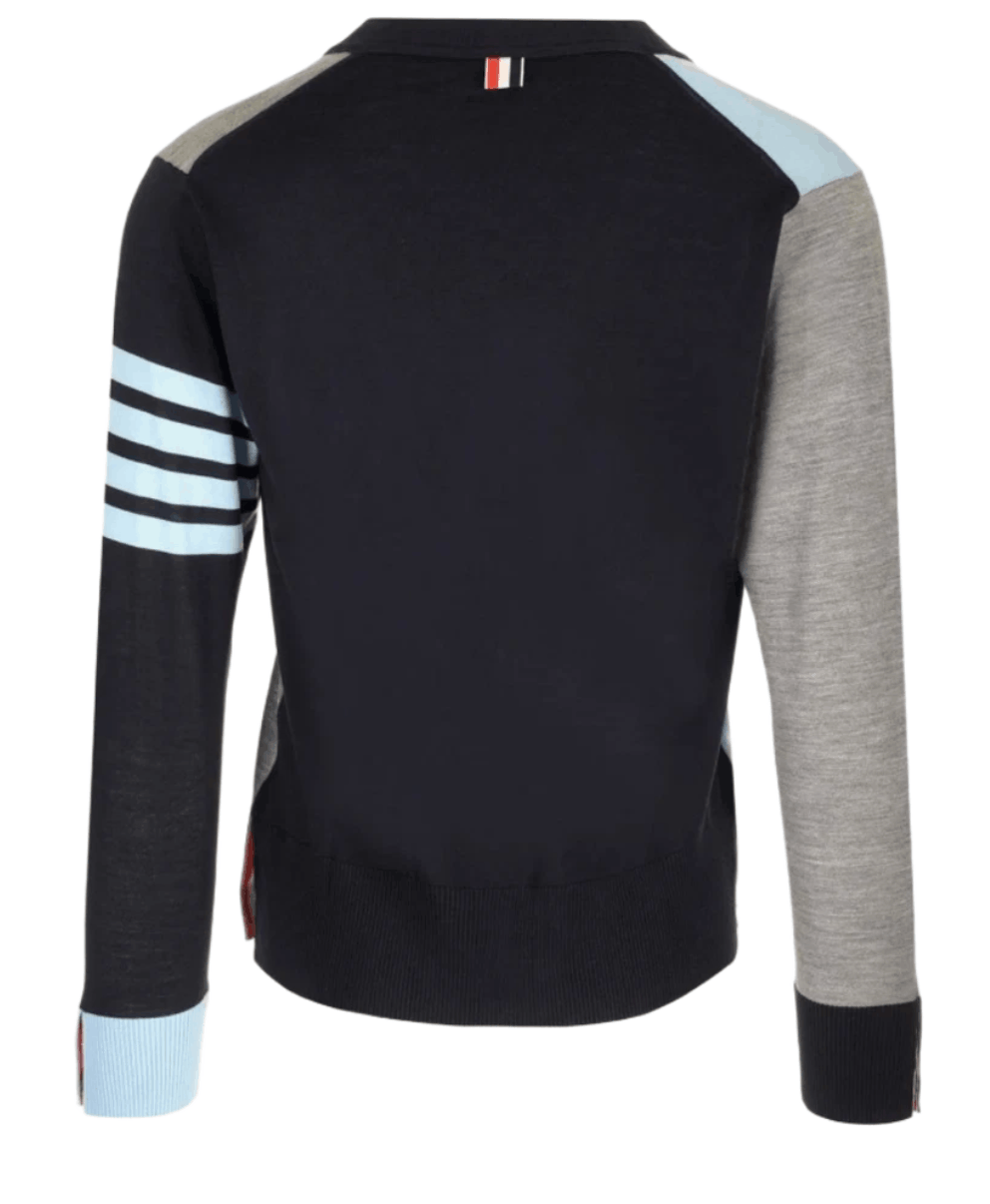 Thom Browne Fun-Mix Fine Merino 4-Bar Classic V-Neck Cardigan Light Blue