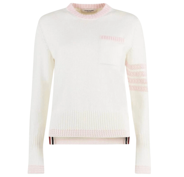 (W) Thom Browne Jersey 4-Bar Crew Neck Pointelle Pullover White