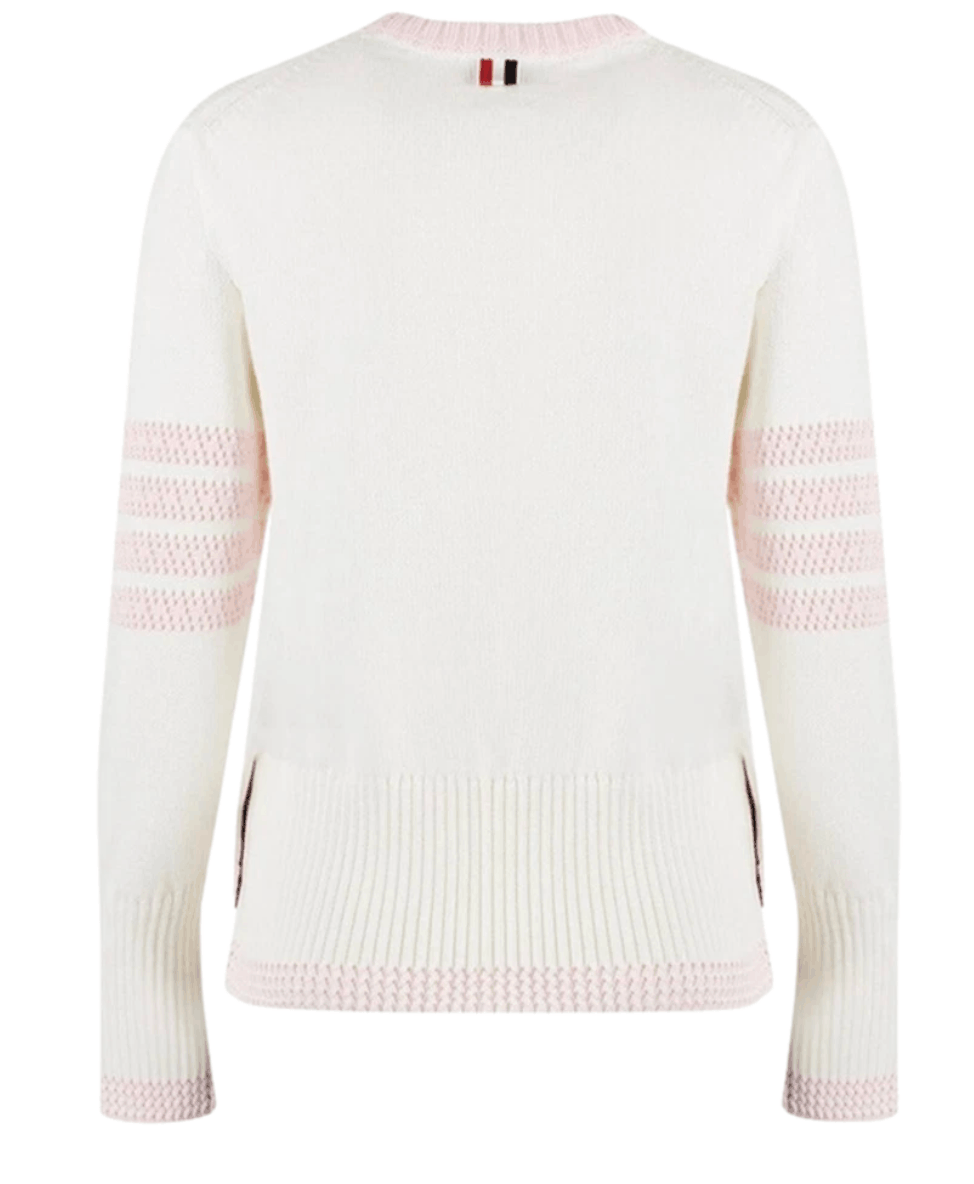 (W) Thom Browne Jersey 4-Bar Crew Neck Pointelle Pullover White