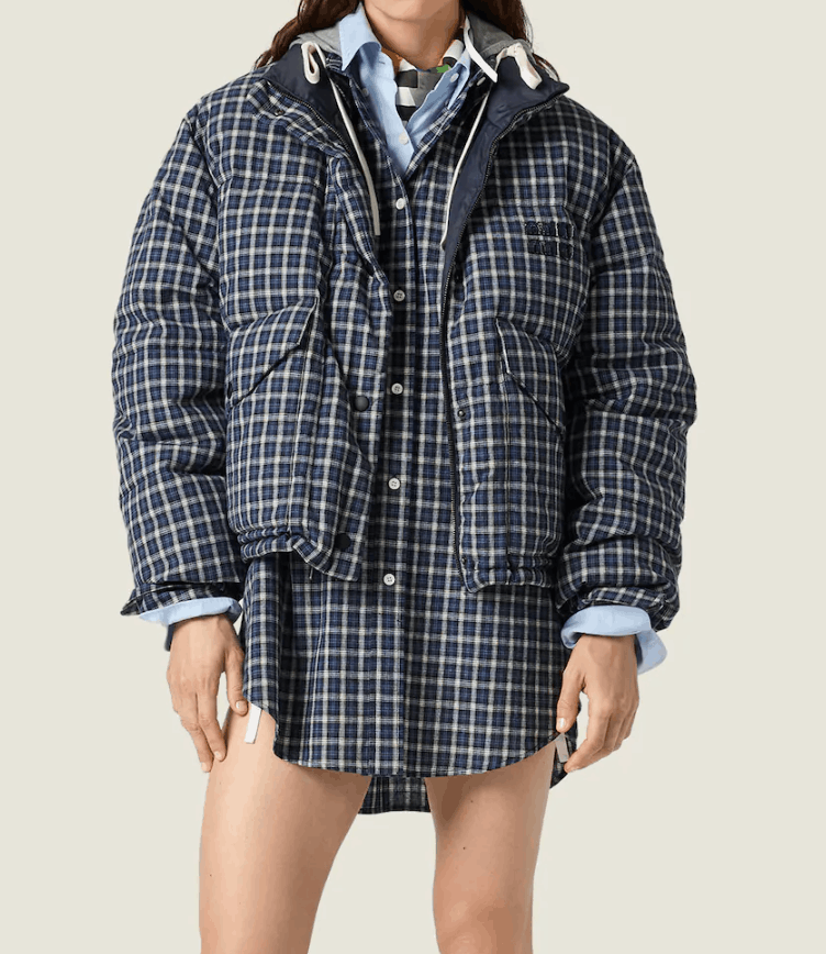 Reversible flannel down jacket Blue/White