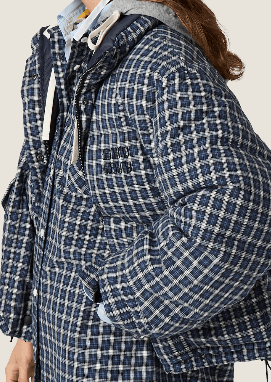 Reversible flannel down jacket Blue/White