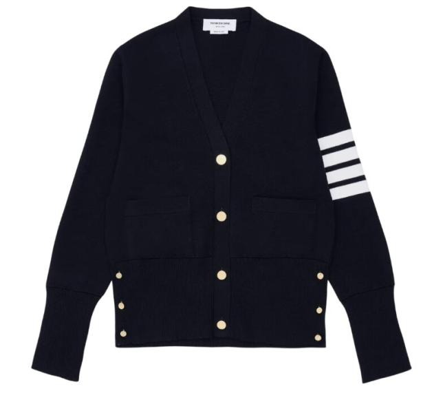 (W) Thom Browne Fine Merino Wool Milano Stitch 4-Bar Classic V-Neck Cardigan Navy