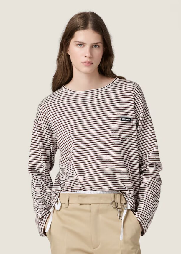Cotton, cashmere and silk crew-neck knit sweater - White/Cocoa Brown