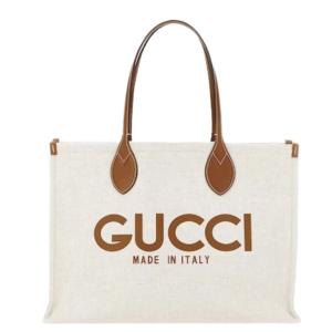 Gucci Medium Tote Bag with Print Cotton Linen Canvas Beige Light brown
