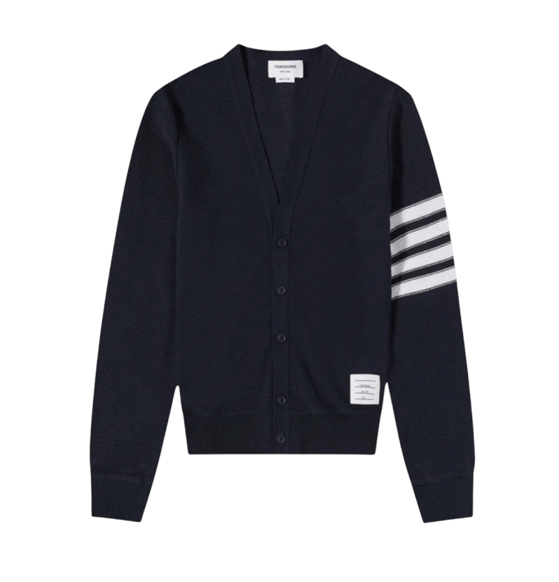 Thom Browne Open Raschel Stitch 4-Bar V-Neck Cardigan Navy