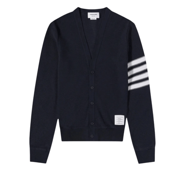 Thom Browne Open Raschel Stitch 4-Bar V-Neck Cardigan Navy