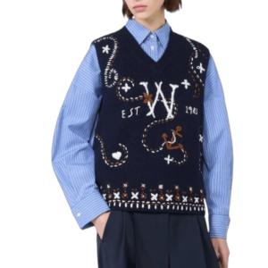 Wool yarn gilet with embroidery, ultramarine