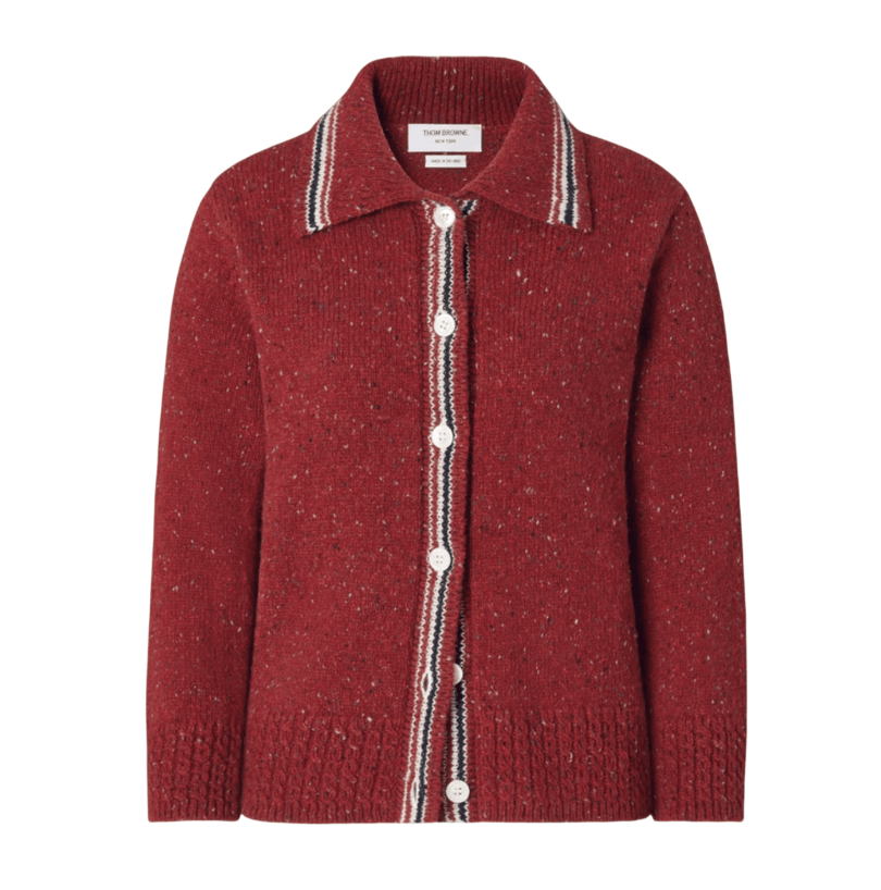 (W) Thom Browne Donegal RWB Stripe Hector Pointelle Cardigan Red