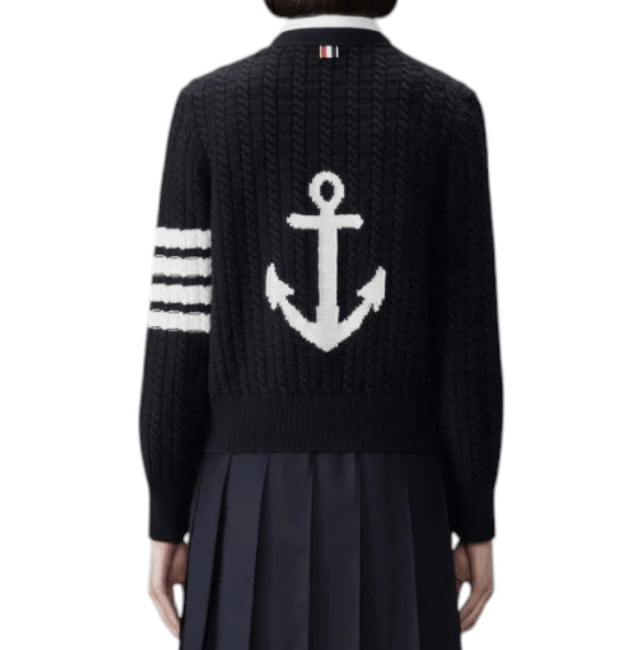 Merino Wool 4-Bar Anchor Intarsia Cardigan 