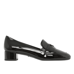 (W) Prada Triangle Logo Patent Leather Loafers Black