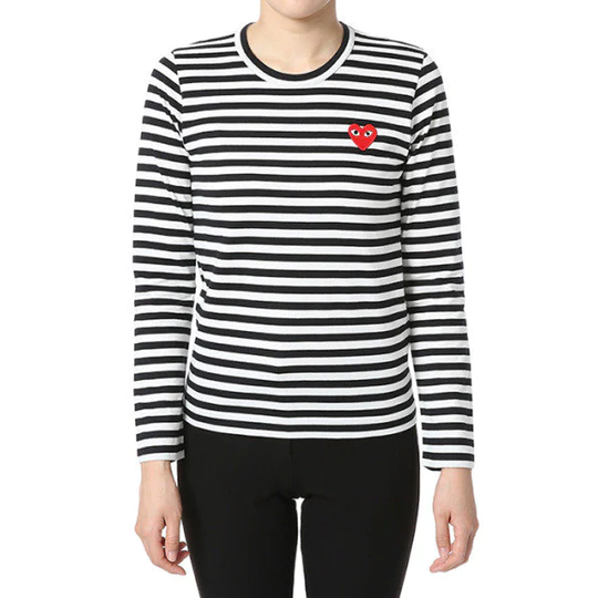 Women's CDG Play Kawakubo Rei Love Black White Stripe Round Neck Long Sleeves T-shirt