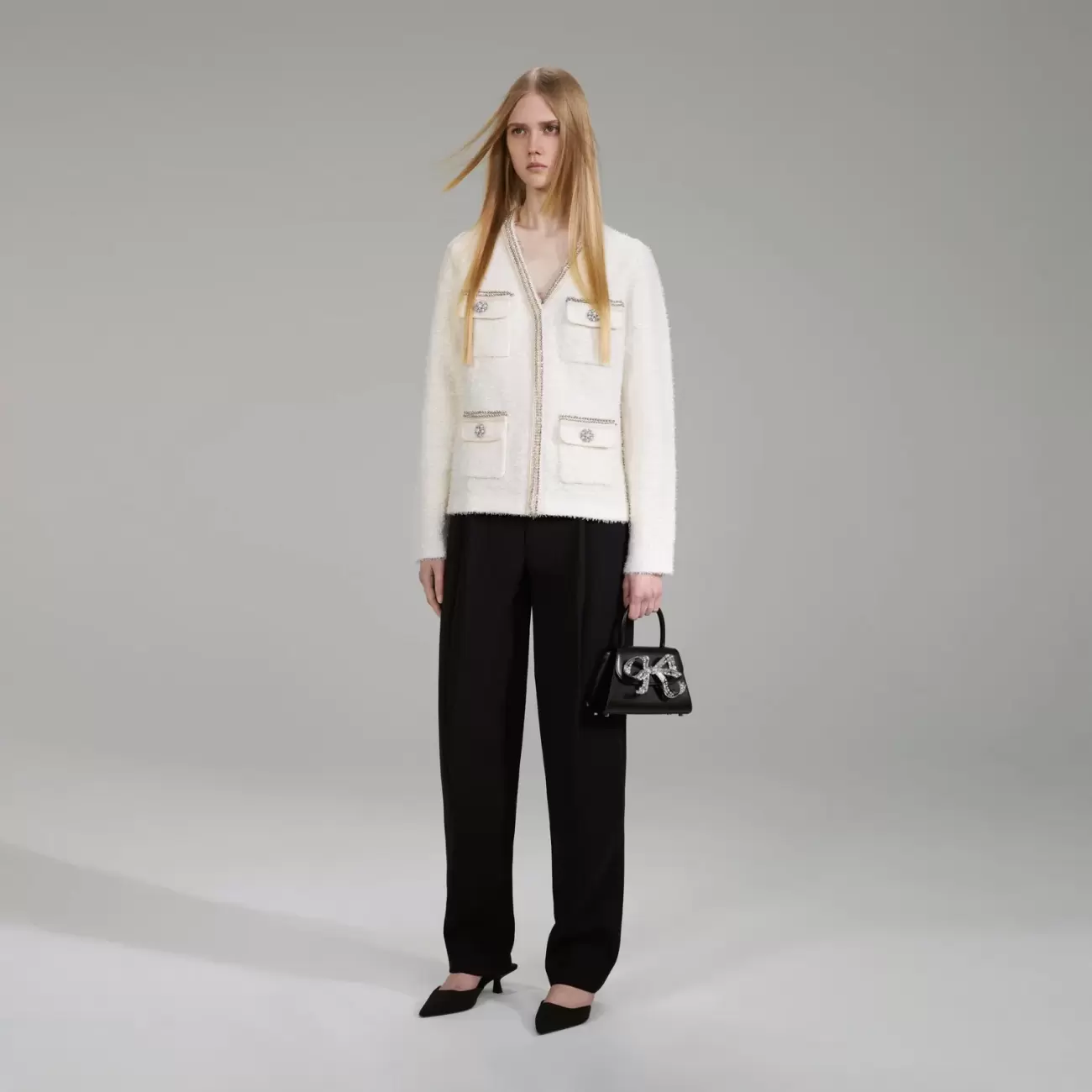 White Tape Knit Cardigan