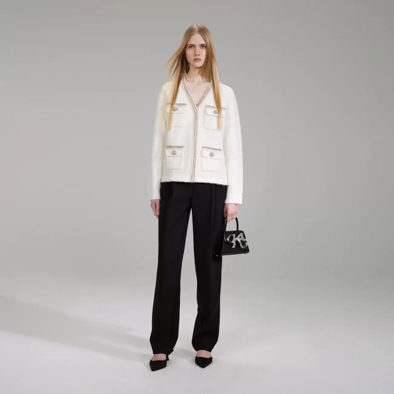 White Tape Knit Cardigan